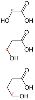 гидроксикислоты делят на альфа-, бета-, гамма- (рисунок из Википедии)
